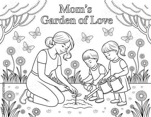 A heartwarming black and white coloring page featuring a mother and her two children gardening together in a beautiful spring garden