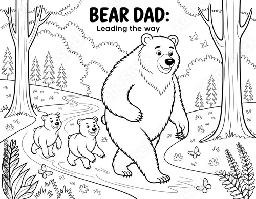 A black and white coloring page featuring a bear dad leading his two cubs along a woodland stream