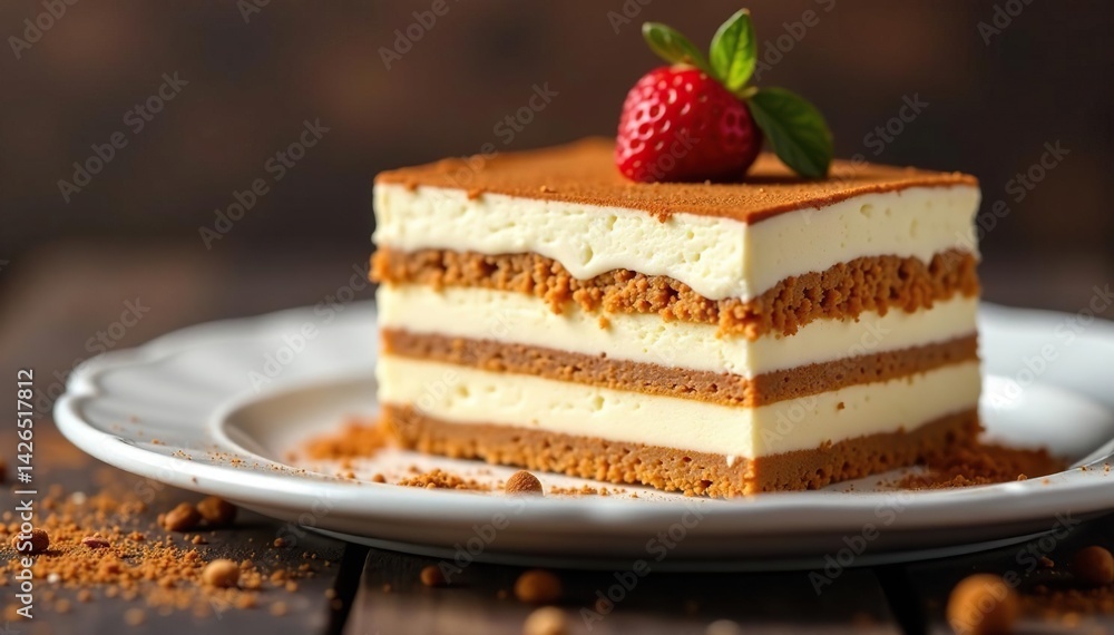 Individual tiramisu portion, showcasing texture and layers , sweet dessert, coffee dessert, gourmet Individual tiramisu portion, showcasing texture and layers , sweet dessert, coffee dessert, gourmet