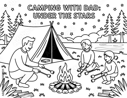 A heartwarming black and white coloring page depicts a family camping outdoors, enjoying a campfire and marshmallows under a starry night sky