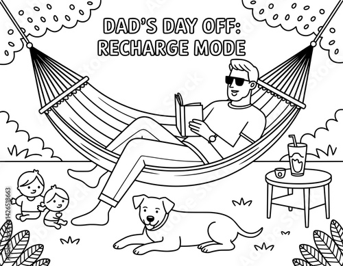 A heartwarming Father's Day coloring page featuring a dad enjoying a relaxing day off