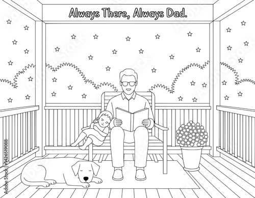 A heartwarming coloring page featuring a father reading to his sleeping daughter on a porch swing
