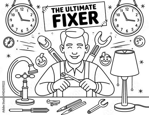 This line art illustration depicts a friendly, smiling handyman surrounded by various home repair tools and appliances, including wrenches, a faucet, a lamp, and clocks