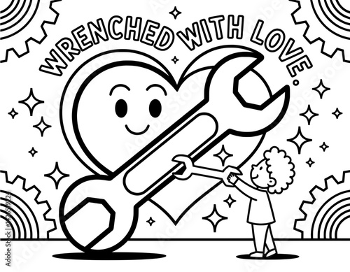 A heartwarming coloring page featuring a child-like character interacting with a heart-shaped wrench