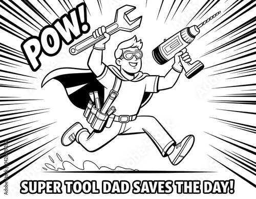 A black and white cartoon illustration of a superheroic dad, dressed in a cape and safety glasses, equipped with a wrench and a power drill, running at a high speed, full of action and energy