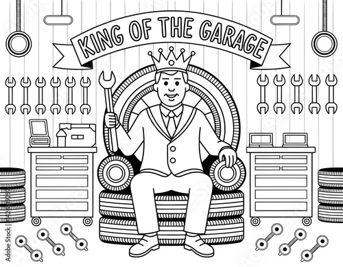 A cartoon depiction of a man in a business suit and crown, sitting regally on a throne made of tires, within a stylized garage setting
