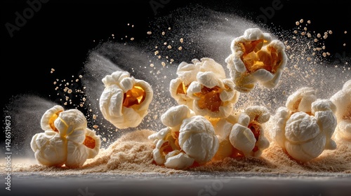 Popcorn kernels erupting in a dramatic, sandy display. photo