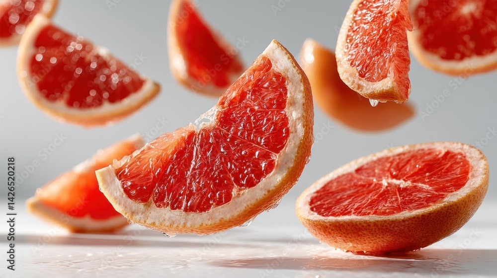 Vibrant grapefruit slices in mid-air, showcasing citrusy freshness. Vibrant grapefruit slices in mid-air, showcasing citrusy freshness.