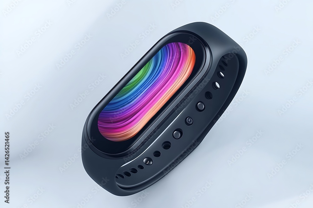 Colorful, modern fitness tracker displays dynamic rainbow patterns. Colorful, modern fitness tracker displays dynamic rainbow patterns.