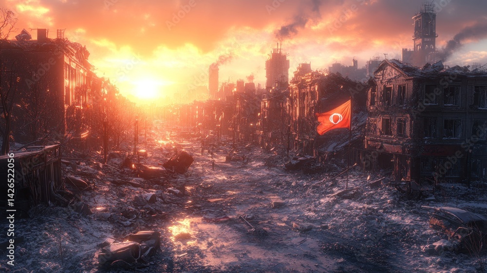 Naklejka premium Dystopian cityscape at sunset marked by devastation and a lone flag