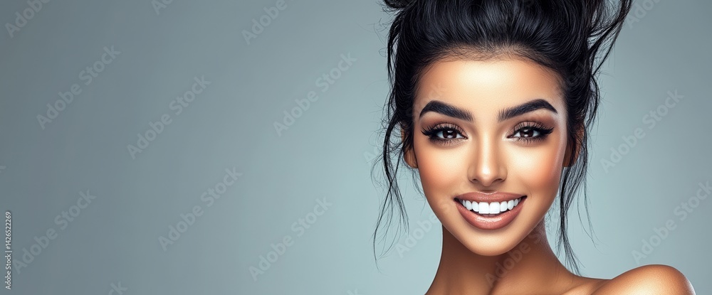 Young woman with healthy teeth is shown in a closeup view on a beige background, allowing space for text, ideal for a banner design Young woman with healthy teeth is shown in a closeup view on a beige background, allowing space for text, ideal for a banner design