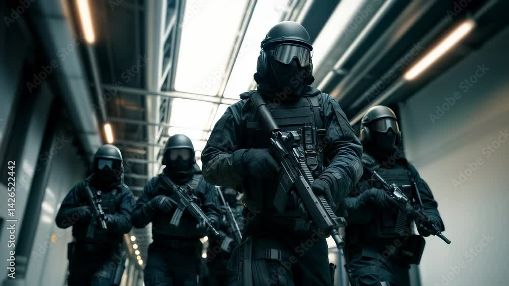 Squad of soldiers in full tactical gear moves through dim, narrow corridor with focused precision. Soldiers advance deeper into unknown, each step calculated move in high-stakes mission Squad of soldiers in full tactical gear moves through dim, narrow corridor with focused precision. Soldiers advance deeper into unknown, each step calculated move in high-stakes mission
