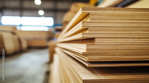 Stack of meticulously layered plywood sheets in a warehouse environment