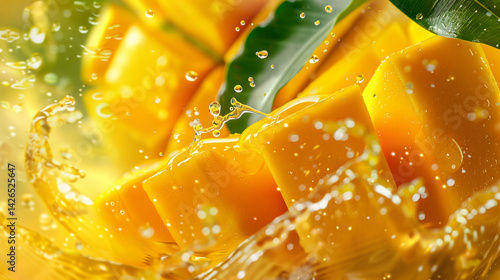 Juicy pieces of vibrant yellow mango, accompanied by a fresh green leaf, are caught in a dynamic burst of clear liquid, suggesting a taste of tropical sweetness and pure refreshment.






