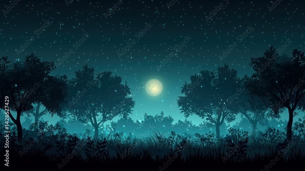 Naklejka premium Starlit Forest Moonlight Night Landscape