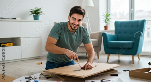 Man assembling flat pack furniture at home with a window and armchair behind