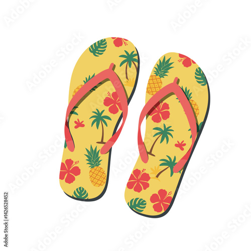 Colorful flip-flops with tropical patterns for summer beachwear and vacation vibes
