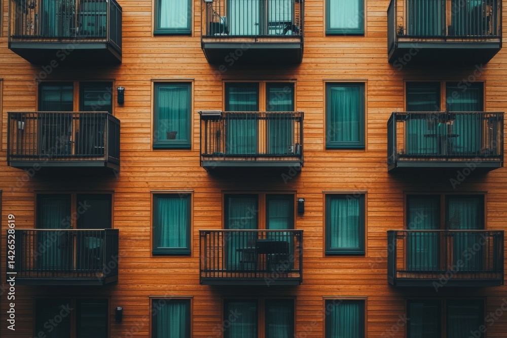 A modern residential complex featuring a geometric design and constructed from wood offers a panoramic view A modern residential complex featuring a geometric design and constructed from wood offers a panoramic view