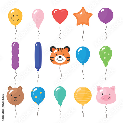 Inflatable balloons, vector inflatable balloons collection, balloons for a holiday, children's inflatable balloons with animals, patterns