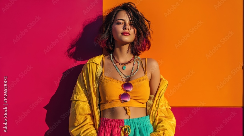 Stylish young woman in vibrant colors against a bold color backdrop. Stylish young woman in vibrant colors against a bold color backdrop.