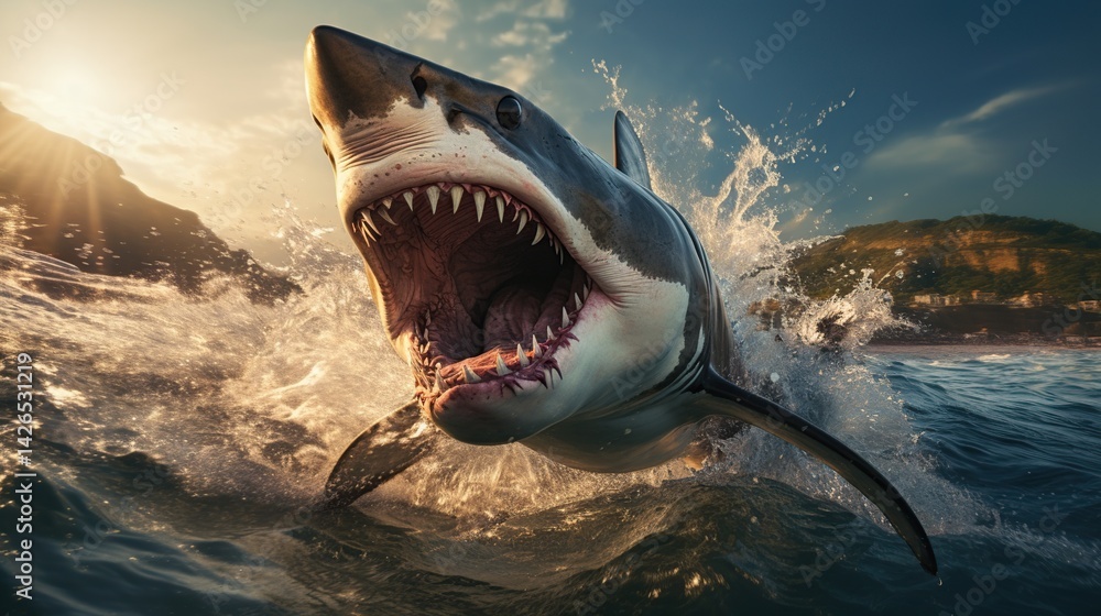 Obraz premium Great White Shark Leaping from the Ocean