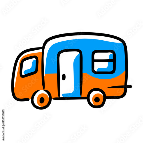 Colorful RV camper illustration featuring orange and blue design, designed for travel and adventure enthusiasts