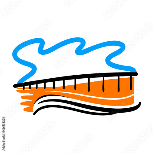 Abstract illustration of a stylized boardwalk with wavy lines representing water and sky