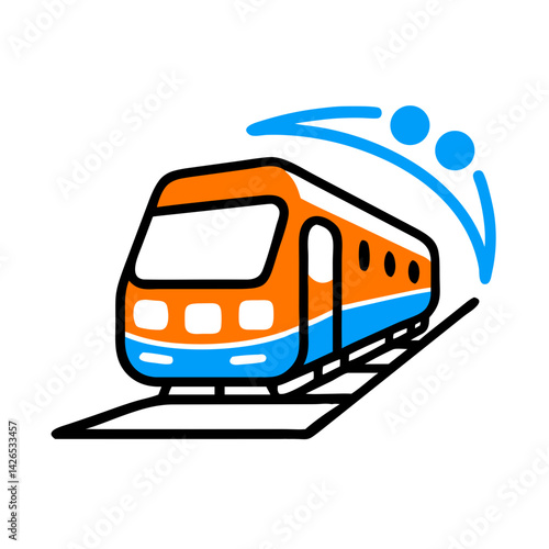 Orange and blue train icon moving on tracks with stylized motion lines, representing transportation and travel