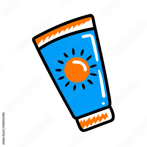 Sun lotion tube with a bright sun design, summer skincare concept