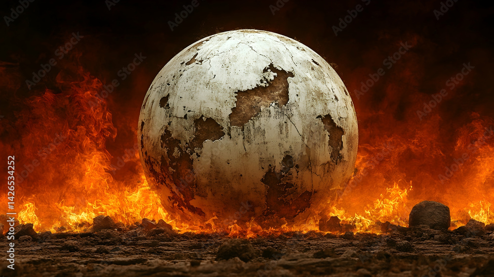 Obraz premium Cracked sphere stands on a rocky surface amidst flames in a dark apocalyptic scene