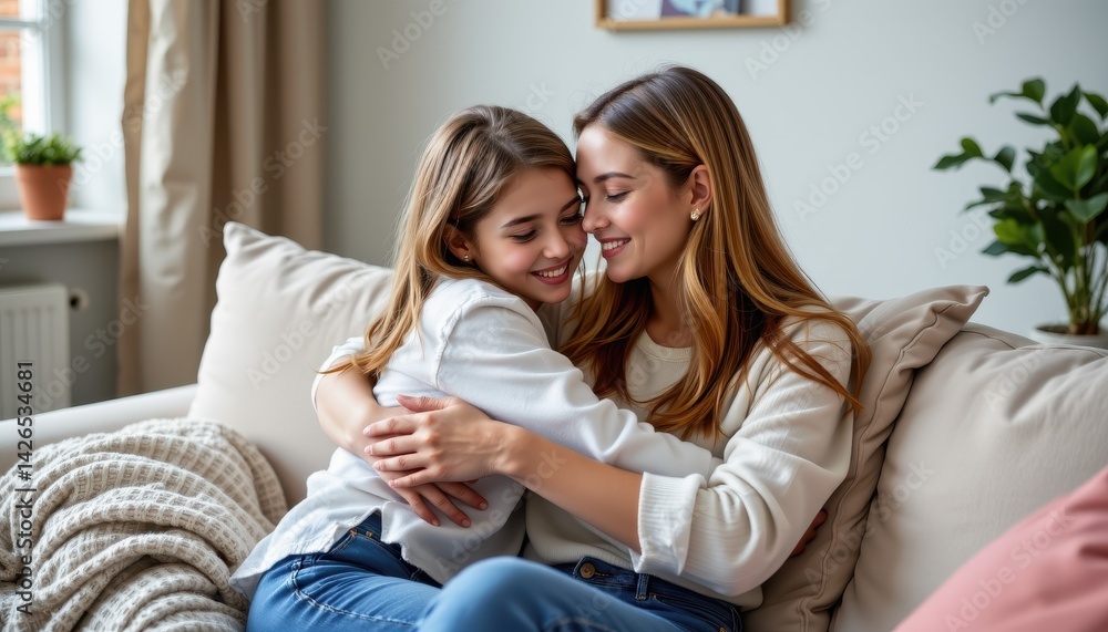 Obraz premium Mother and teenage daughter hugging on sofa emotional bonding lifestyle portrait natural window light simple background