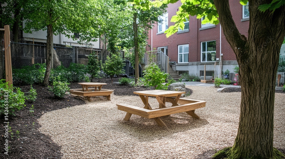 Obraz premium Community space covered with climbing plants and trees offering cool, shaded seating spots