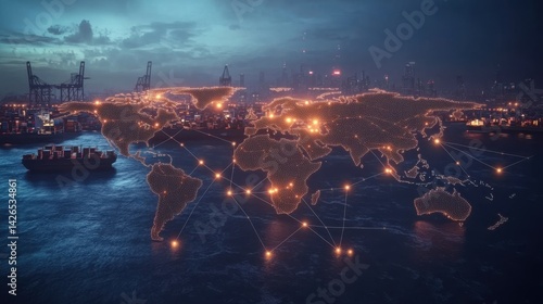 World Map Infographic of Major Container Shipping Hubs with Trade Routes and Cargo Ship Icons..