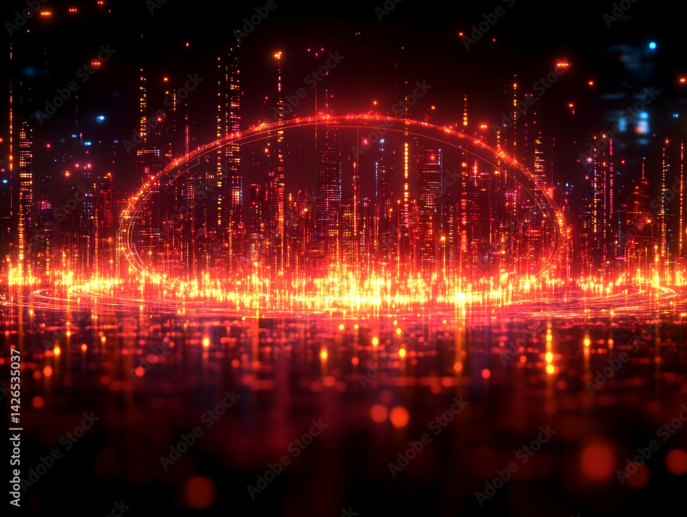 Fototapeta premium Glowing city skyline at night with reflective surfaces and a vibrant futuristic atmosphere