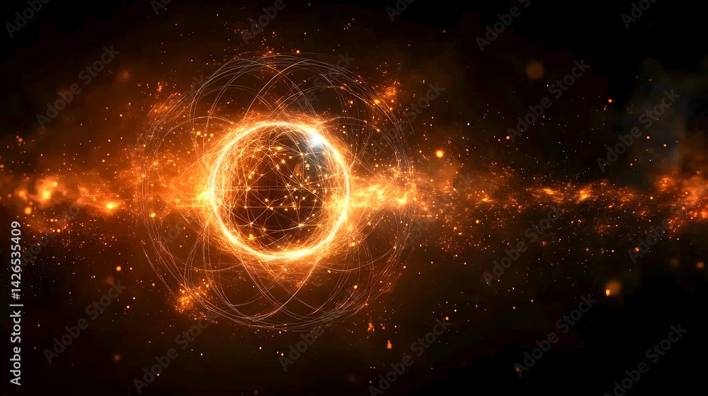 Fototapeta premium Glowing sphere surrounded by networks and bright sparks in black space fiery cosmic background
