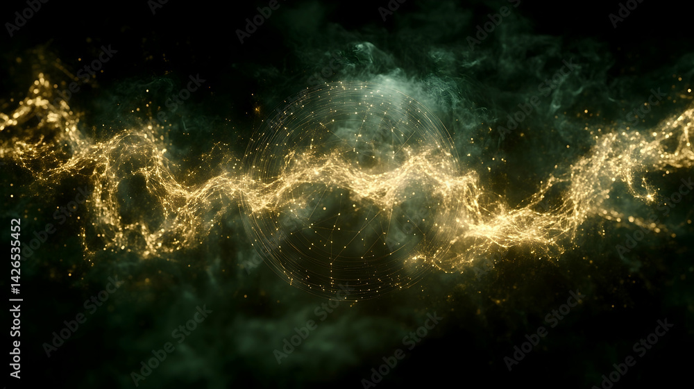 Fototapeta premium Gold energy wave pulses through dark green smoke encircled by a glowing networked sphere of light