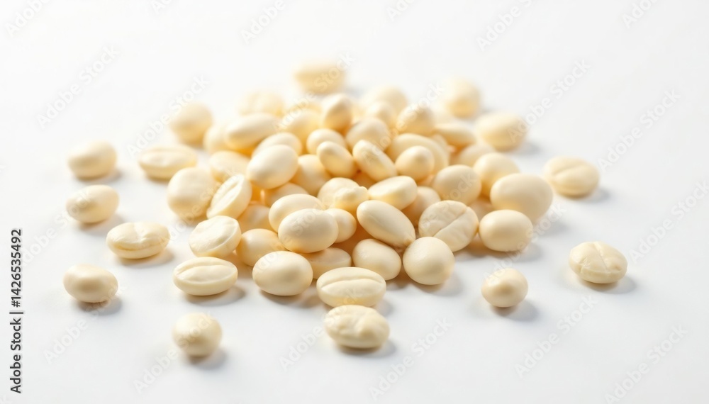 Scattered white beans on pristine white background, macro, harvest, cuisine