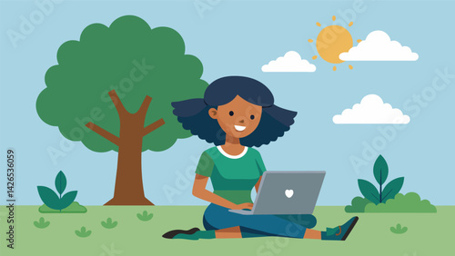 A girl sitting under a tree laptop open and a smile on her face as she reads the email informing her of a full ride scholarship to her dream. Vector illustration