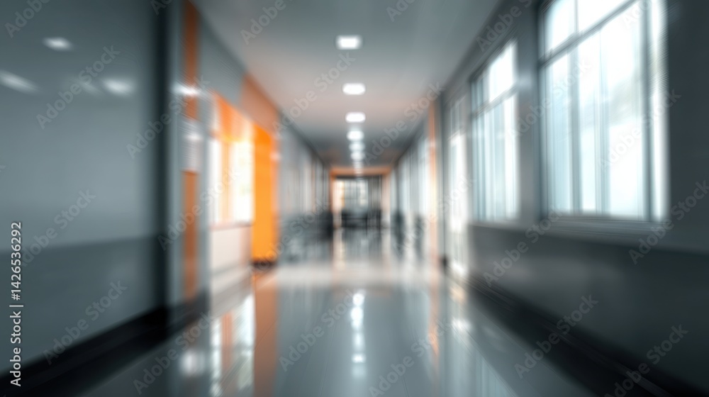 Fototapeta premium A blurred image of a long hospital corridor with bright lighting and an orange accent wall. The sterile, clean atmosphere is evident.