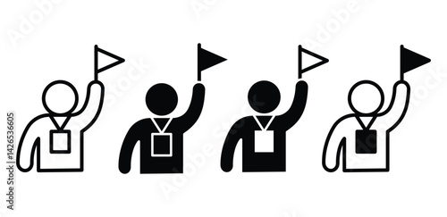 Simple Black and White Tour Guide Icons with Flags Vector Design