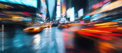 A vibrant, fast-paced view of New York City street at night.