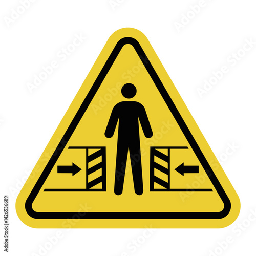 Sign danger of crushing. Risk of crushing between moving objects. Movable mechanisms. Mechanisms with automatic closing. Warning yellow triangle road sign.