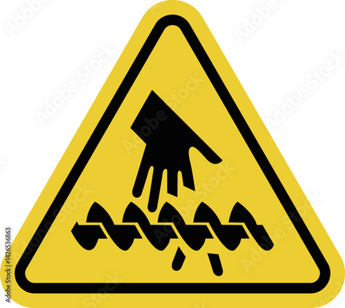 Hand injury sign. Equipment with dangerous sharp parts. Conveyors with metal hooks. Working with dangerous equipment. Warning yellow triangle road sign.