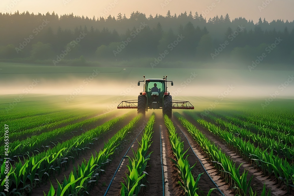Fototapeta premium Agricultural landscape, tractor spraying crops, misty field, rows of young corn plants, verdant farmland, forest backdrop, industrial farming, pesticide application, wide spray boom, early morning lig