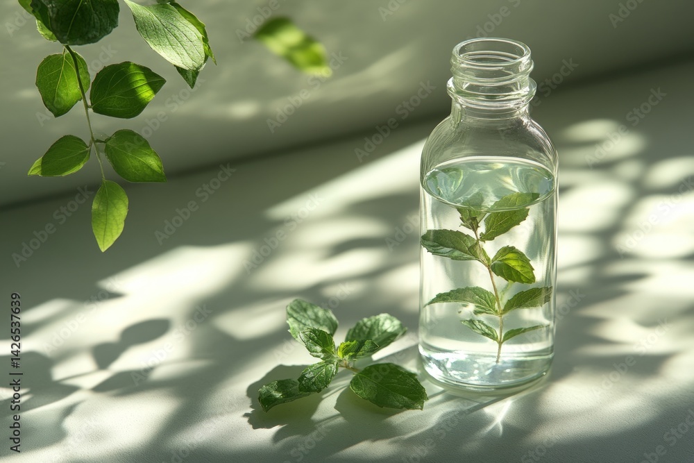 Fresh mint in a clear bottle, bathed in sunlight Fresh mint in a clear bottle, bathed in sunlight