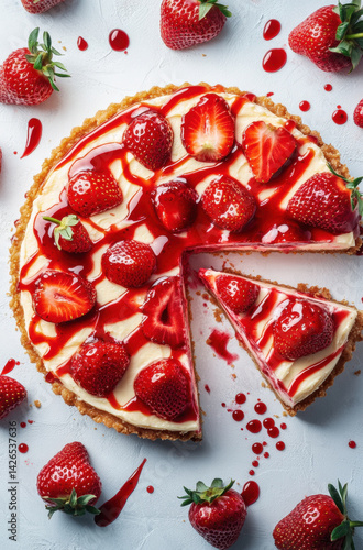 delicious strawberry tart with slice cut out, topped with fresh strawberries and drizzled with vibrant red sauce