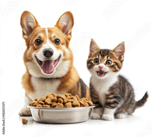 happy dog and cat sit next to bowl of pet food, both looking excited