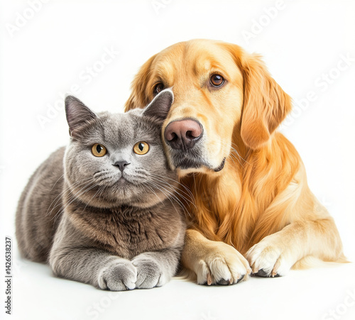 cute British Shorthair cat and Golden Retriever dog are cuddling together, showcasing their adorable friendship