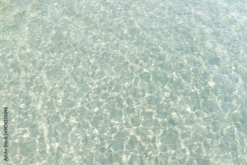 Clear water surface with white sand.	