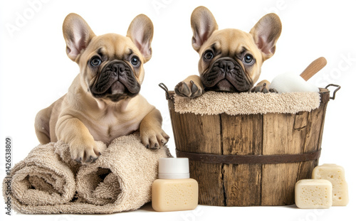 Two adorable French Bulldog puppies are playfully posed with towels and soap, one in wooden bucket. Their curious expressions add charm